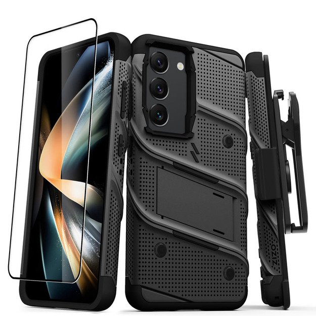 ZIZO BOLT serija - Šarvuotas Samsung Galaxy S23 dėklas su 9H stiklu ekranui + laikiklis su stovu (juodas) 7