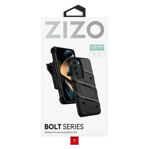 ZIZO BOLT serija - Šarvuotas Samsung Galaxy S23 dėklas su 9H stiklu ekranui + laikiklis su stovu (juodas) 1