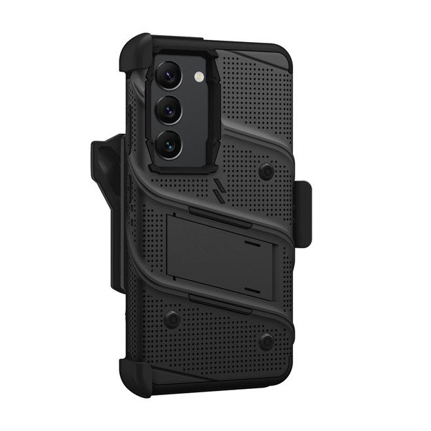 ZIZO BOLT serija - Šarvuotas Samsung Galaxy S23 dėklas su 9H stiklu ekranui + laikiklis su stovu (juodas) 3