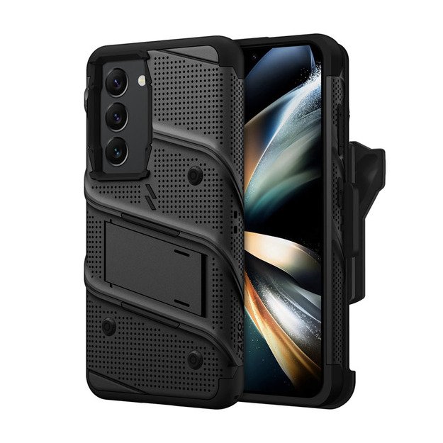 ZIZO BOLT serija - Šarvuotas Samsung Galaxy S23 dėklas su 9H stiklu ekranui + laikiklis su stovu (juodas) 6
