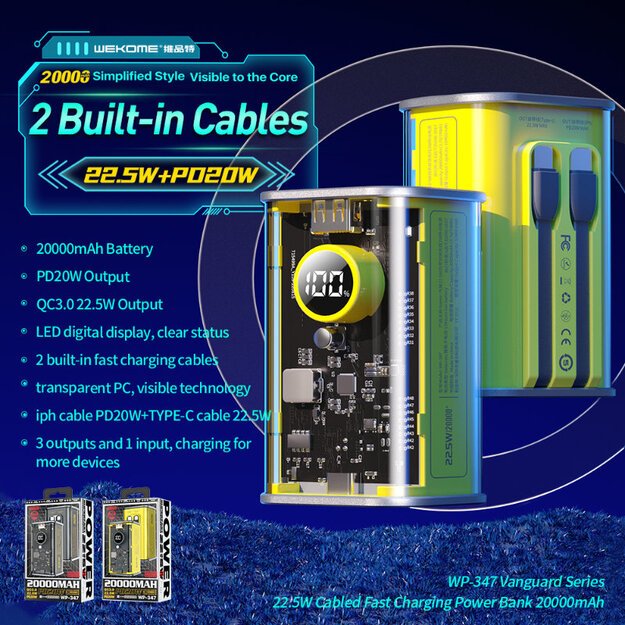 WEKOME WP-347 Vanguard serija – 20 000 mAh itin greitas įkrovimas su įmontuotu USB-C PD 20 W ir „Lightning“ + USB-A QC3.0 22,5 W laidu (geltonas)