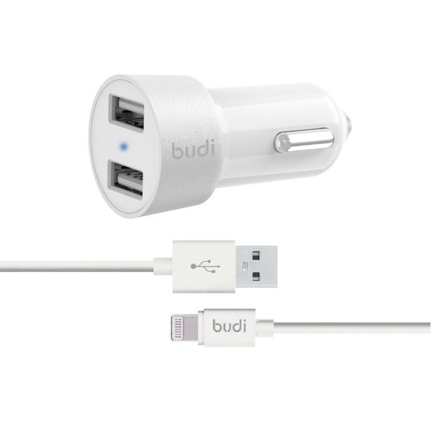 Budi - 2 USB automobilinis įkroviklis su LED indikatoriumi+žaibo laidu