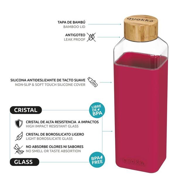 Quokka Storm - Stiklinis suapvalintas buteliukas su silikoniniu dangteliu 700ml (Maroon)