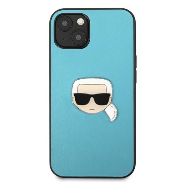 Karl Lagerfeld PU oda Karl s Head Metal – dėklas iPhone 13 mini (mėlynas)