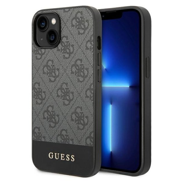 Guess 4G Bottom Stripe Metal Logo Collection – dėklas, skirtas iPhone 14 Plus (pilkas)