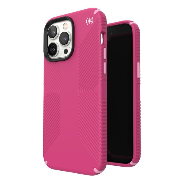 „Speck Presidio2 Grip“ – „iPhone 14 Pro max“ skirtas dėklas su MICROBAN danga (skaitmeninė rožinė / „Blossompink“ / balta)