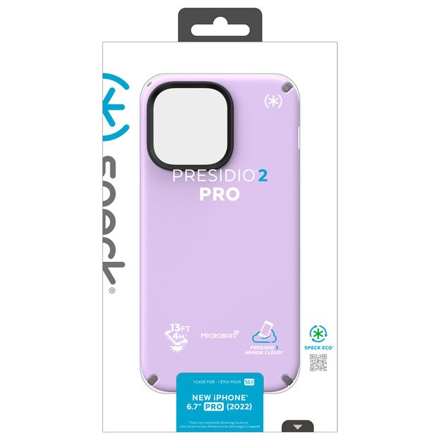 Speck Presidio2 Pro – iPhone 14 Pro Max dėklas su MICROBAN danga (spring Purple / Cloudgrey / White)