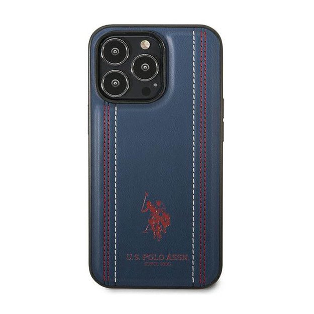 US Polo Assn Leather Stitch – dėklas, skirtas iPhone 14 Pro Max (tamsiai mėlynas)