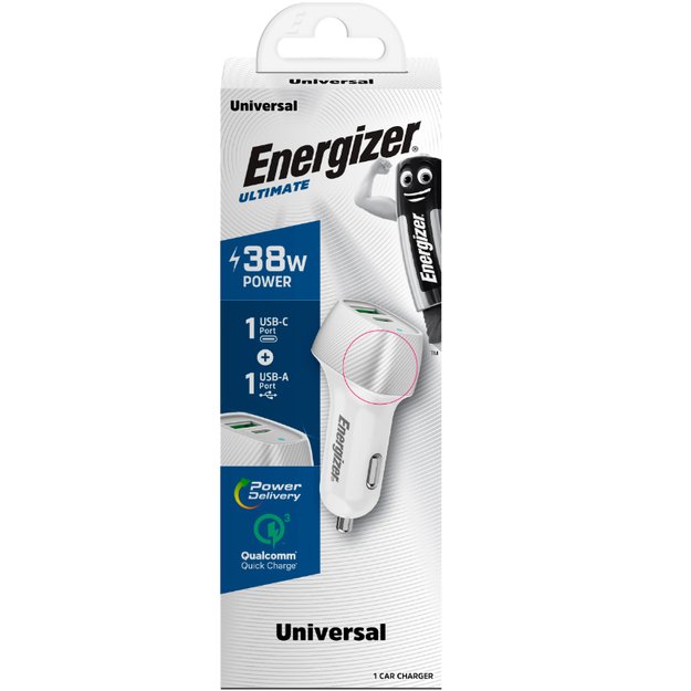 Energizer Ultimate – USB-C ir USB-A 38W PD + QC3.0 automobilinis įkroviklis (balta / sidabrinė)