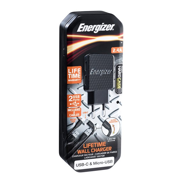 Energizer HardCase – 2x USB-A 12W maitinimo įkroviklis + USB-C ir mikro USB laidas (juodas)