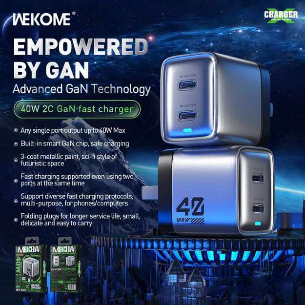 WEKOME WP-U02 Mecha serija – 2x USB-C itin greitas įkroviklis GaN 40 W tinklo įkroviklis (sidabrinis)