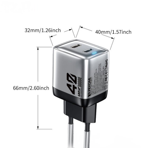 WEKOME WP-U02 Mecha serija – 2x USB-C itin greitas įkroviklis GaN 40 W tinklo įkroviklis (sidabrinis)