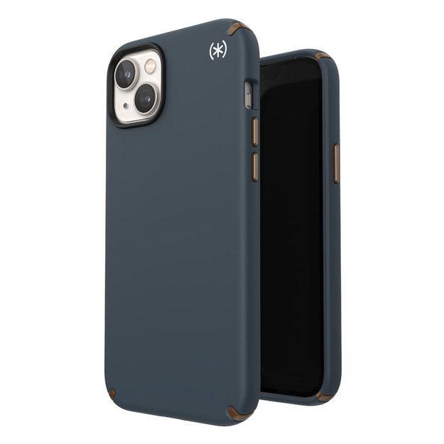 Speck Presidio2 Pro – iPhone 15 Plus / 14 Plus dėklas su MICROBAN danga (anglis / šalta bronza / šiferis)