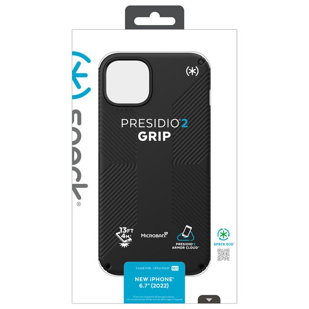 Presidio2 Grip – iPhone 15 Plus / 14 Plus dėklas su MICROBAN danga (juoda / juoda / balta)