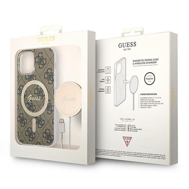 Guess Bundle Pack MagSafe 4G – iPhone 12 / iPhone 12 Pro dėklo rinkinys + MagSafe įkroviklis (ruda/auksinė)