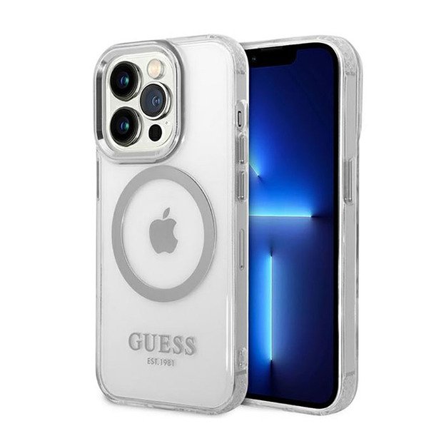 Guess Metal Outline MagSafe – dėklas, skirtas iPhone 14 Pro (skaidrus)