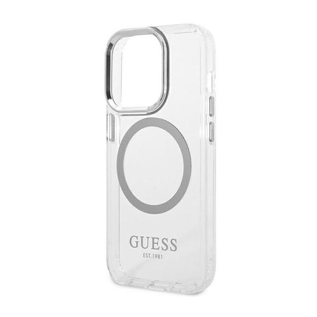 Guess Metal Outline MagSafe – dėklas, skirtas iPhone 14 Pro (skaidrus)