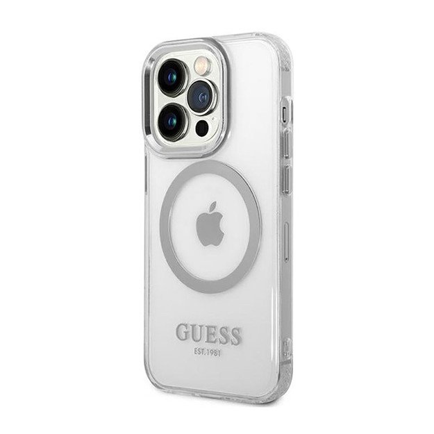 Guess Metal Outline MagSafe – dėklas, skirtas iPhone 14 Pro (skaidrus)