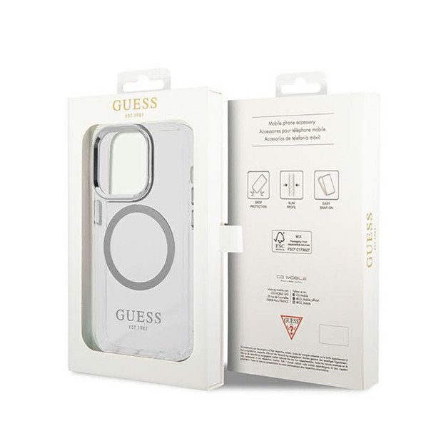 Guess Metal Outline MagSafe – dėklas, skirtas iPhone 14 Pro (skaidrus)