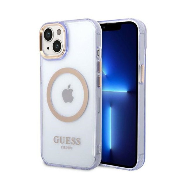 „Guess Gold Outline“ permatomas „MagSafe“ – dėklas, skirtas „iPhone 14“ (violetinė)