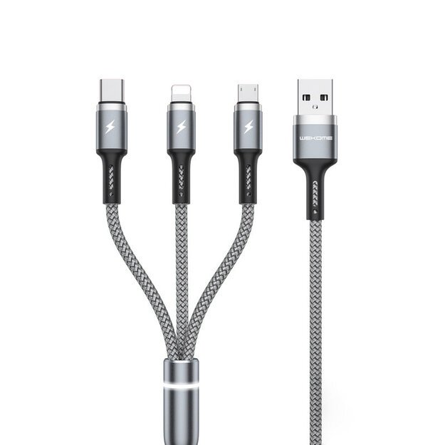 WEKOME WDC-119 „Fython“ serija – „trys viename“ USB-A prie „Lightning“ + USB-C + „Micro USB PD“ jungiamasis laidas, 1,2 m (sidabrinis)