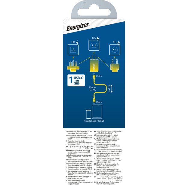 Energizer Ultimate – kelių kištukų ES / JK / JAV GaN 20 W PD maitinimo įkroviklis + USB-C laidas (juodas)