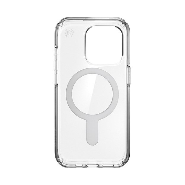 Speck Presidio Perfect-Clear ClickLock & Magsafe – dėklas, skirtas iPhone 15 Pro (skaidrus / chromo apdaila / ramus sidabras)