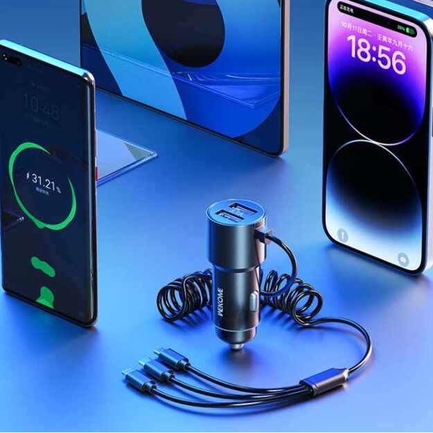 WEKOME WP-C44 Pop Digital Series – automobilinis įkroviklis su integruotu 3 viename USB-C / Lightning / Micro USB + 2x USB-A 33 W laidu (juodas)