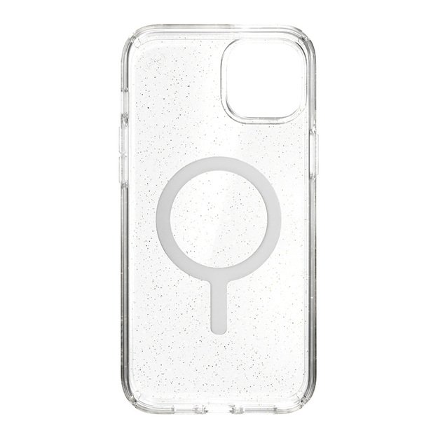 Speck Presidio Perfect-Clear su blizgučiais + MagSafe – iPhone 15 Plus / 14 Plus dėklas su MICROBAN danga (Clear / Gold Glitter)