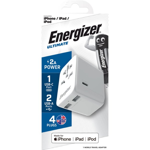 Energizer Ultimate – ES / JAV / AU / JK kelioninis adapteris + 2x USB-A ir USB-C MFi sertifikatas (baltas)