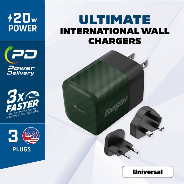 Energizer Ultimate – kelių kištukų ES / JK / JAV GaN 20 W PD tinklo įkroviklis (žalias)