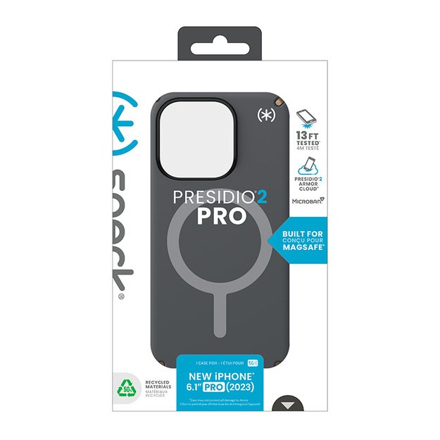 Speck Presidio2 Pro Magsafe – iPhone 15 Pro dėklas (anglies pilkas / šalta bronzinė / balta)