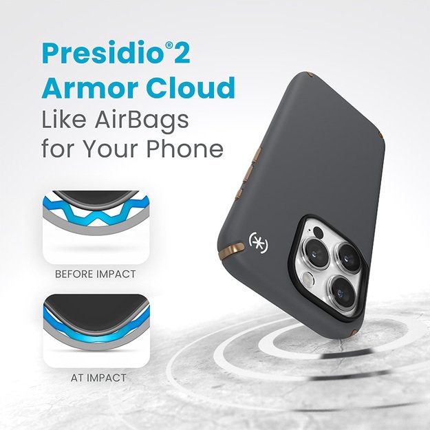 Speck Presidio2 Pro Magsafe – iPhone 15 Pro dėklas (anglies pilkas / šalta bronzinė / balta)