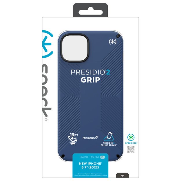 Presidio2 Grip – dėklas, skirtas iPhone 15 Plus / 14 Plus su MICROBAN danga (Coastal Blue / Black / White)