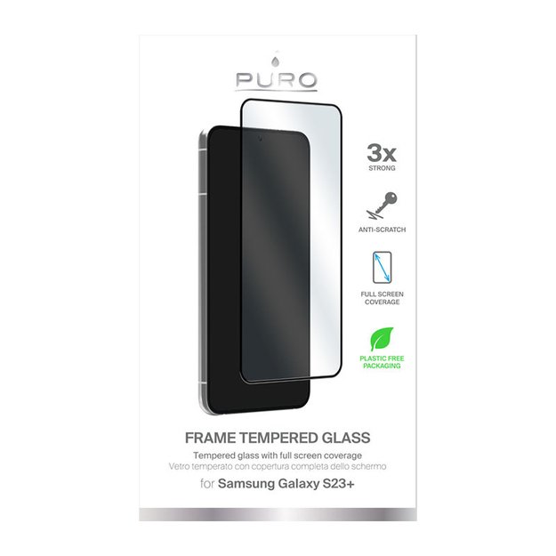 PURO Frame Tempered Glass – grūdintas stiklas, skirtas Samsung Galaxy S23+ (juodas rėmelis)