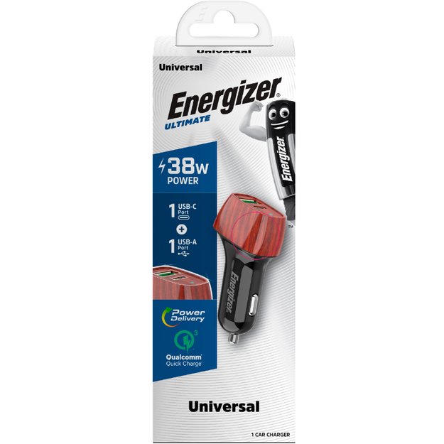 „Energizer Ultimate“ – USB-C ir USB-A 38 W PD + QC3.0 automobilinis įkroviklis (GRIKŠTINIS RIEŠUTIS)