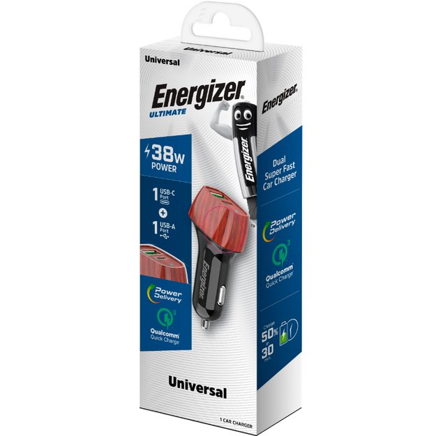 „Energizer Ultimate“ – USB-C ir USB-A 38 W PD + QC3.0 automobilinis įkroviklis (GRIKŠTINIS RIEŠUTIS)