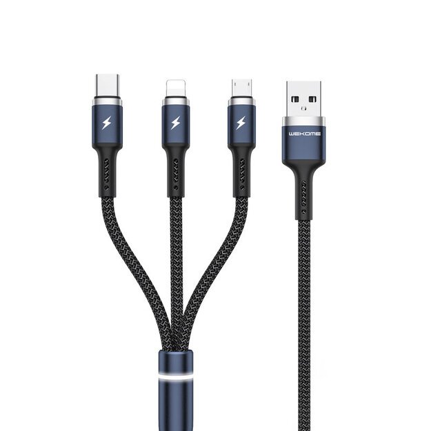 WEKOME WDC-119 Fython serija – trys viename USB-A su „Lightning“ + USB-C + mikro USB PD jungties laidas 1,2 m (juodas)