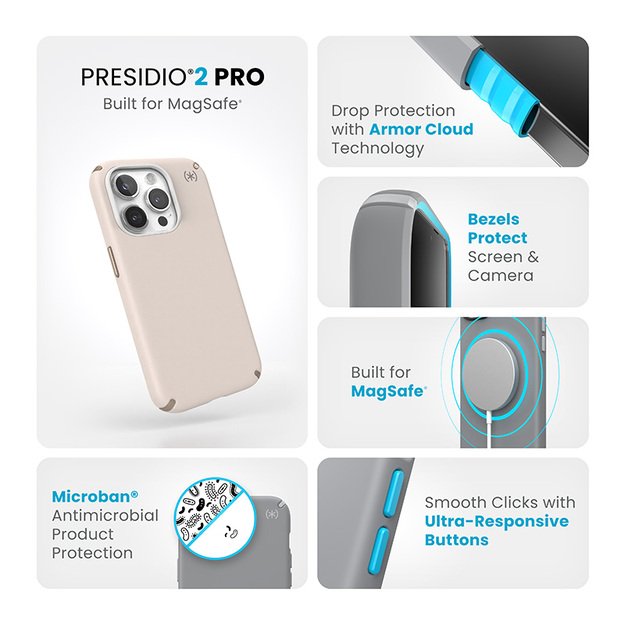 Speck Presidio2 Pro Magsafe – dėklas, skirtas iPhone 15 Pro (balintas kaulas / „Heirloom Gold“ / Hazel Brown)