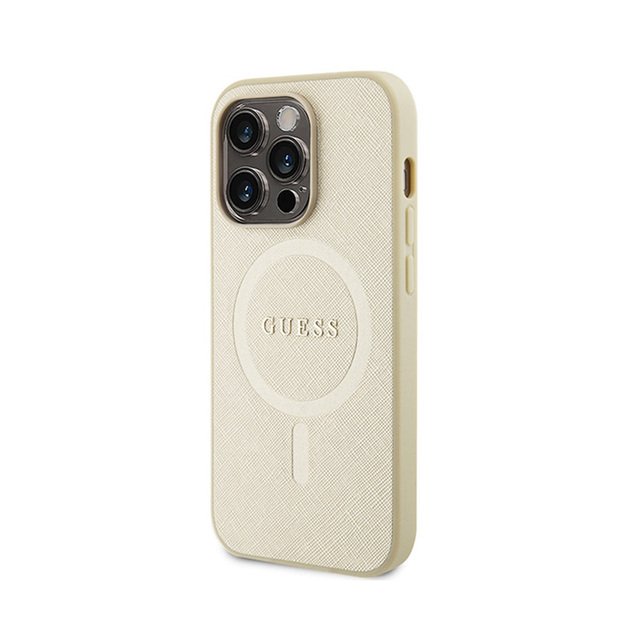 Guess Saffiano MagSafe – iPhone 15 Pro dėklas (auksinis)