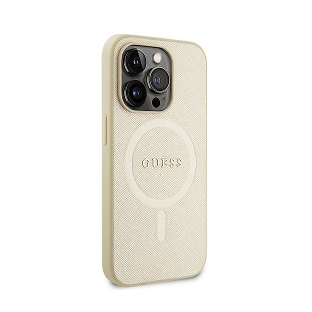 Guess Saffiano MagSafe – iPhone 15 Pro dėklas (auksinis)